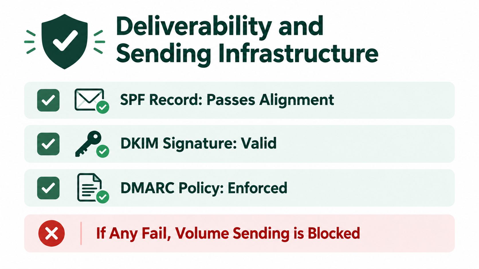 A diagram illustrating essential email deliverability protocols including SPF, DKIM, and DMARC enforcement for secure infrastructure.
