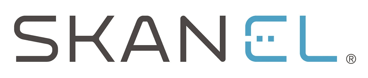 Logo of "SKANEL" featuring bold letters with a stylized design in blue and gray.