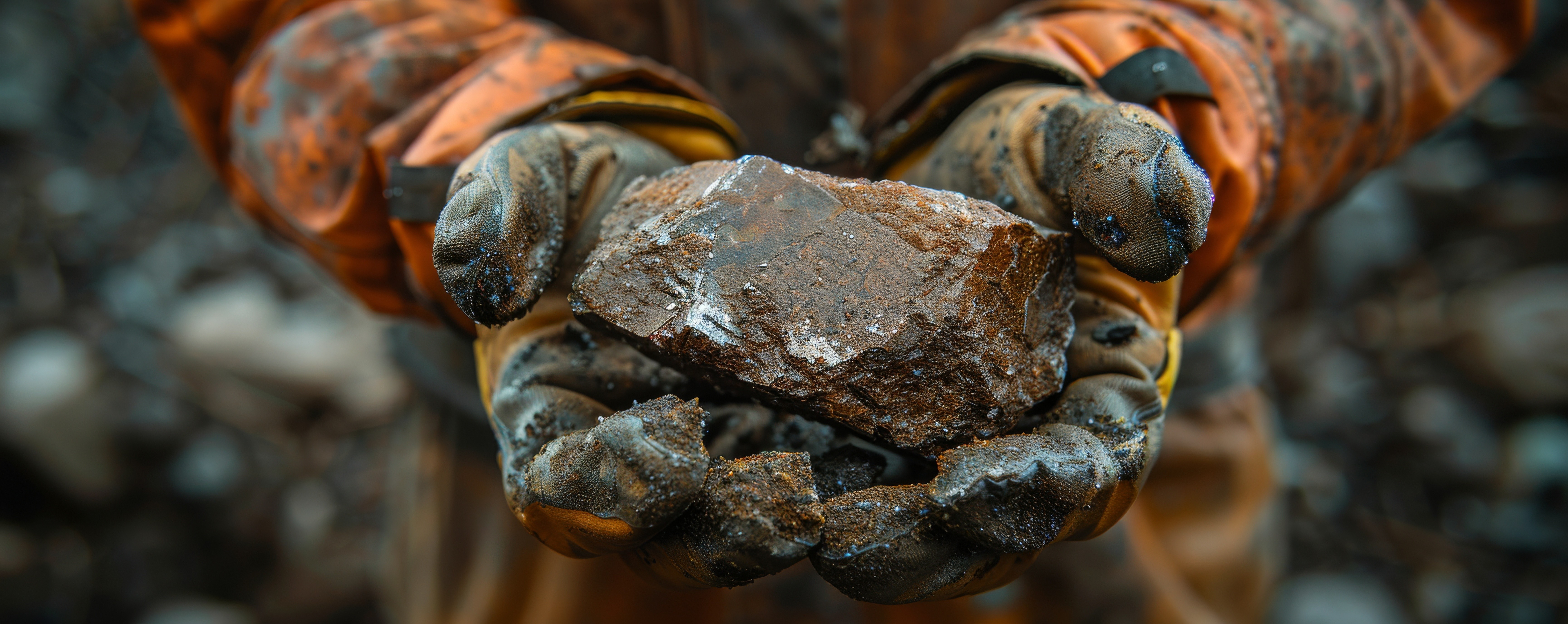 Close-up of a miner’s gloved hands holding a raw ore rock, freshly extracted from a gold mining site.