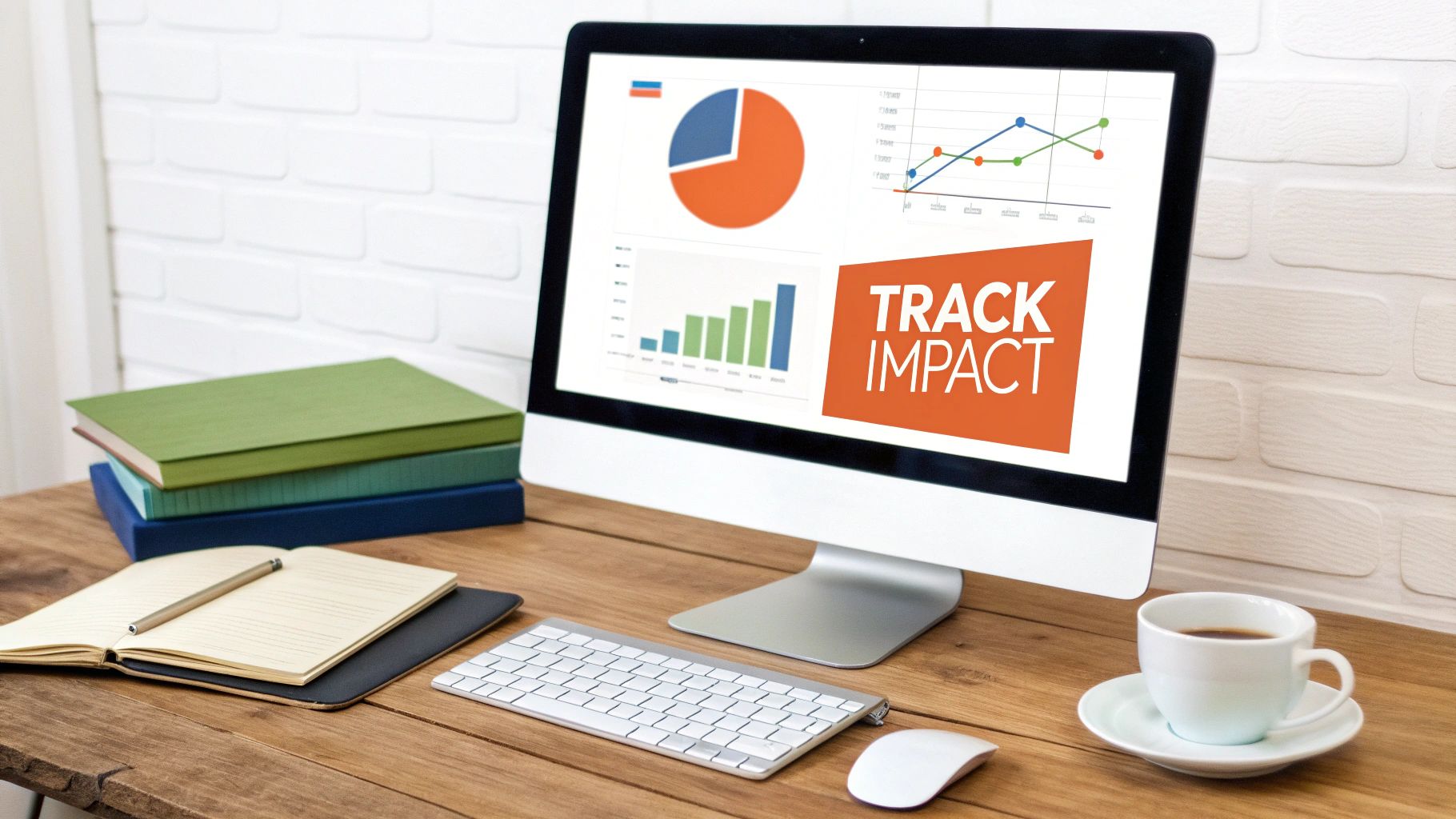 A clean desk setup featuring a computer displaying business charts, books, a notebook, and a coffee cup.