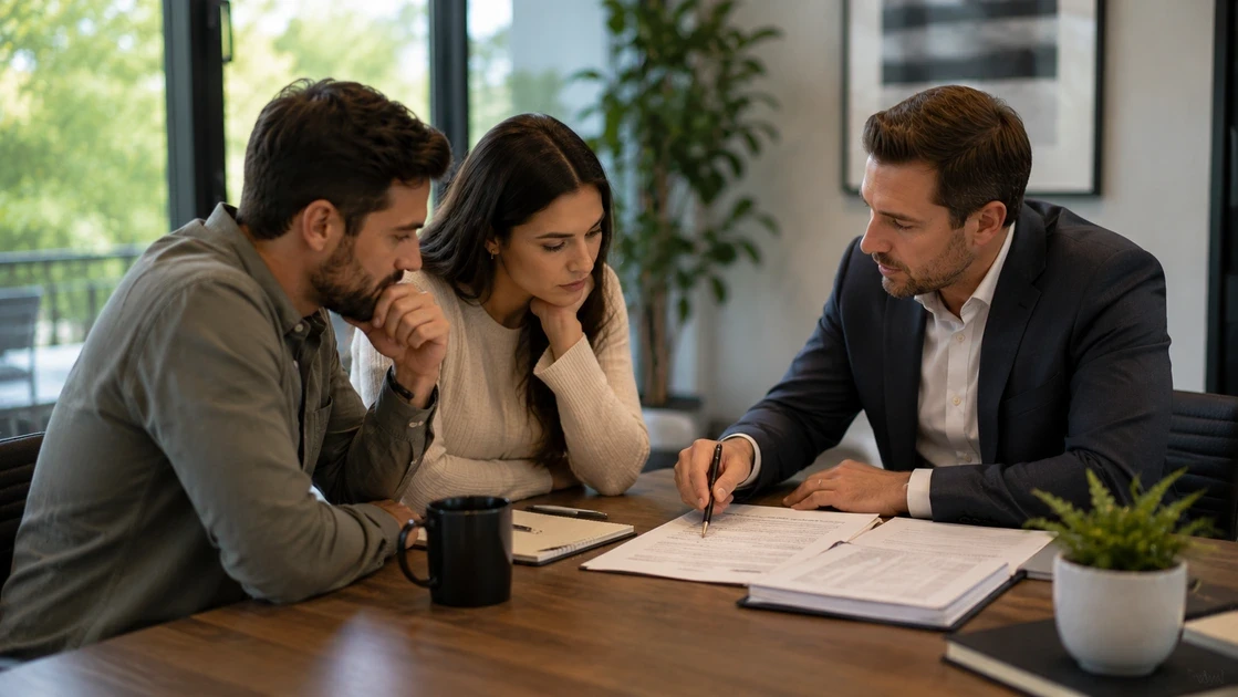A real estate professional confidently explaining a buyer representation agreement to clients in a modern office setting.