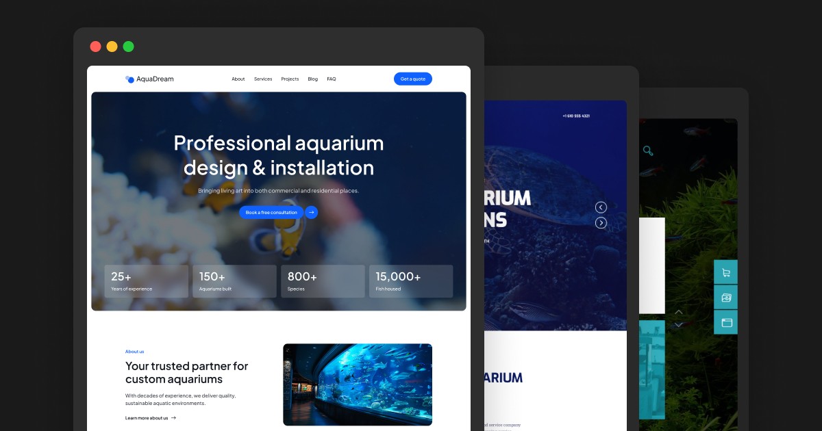 Comparison of the best aquarium website templates in 2026 — Aqua Dream, Aqualots, and AquaPro side by side