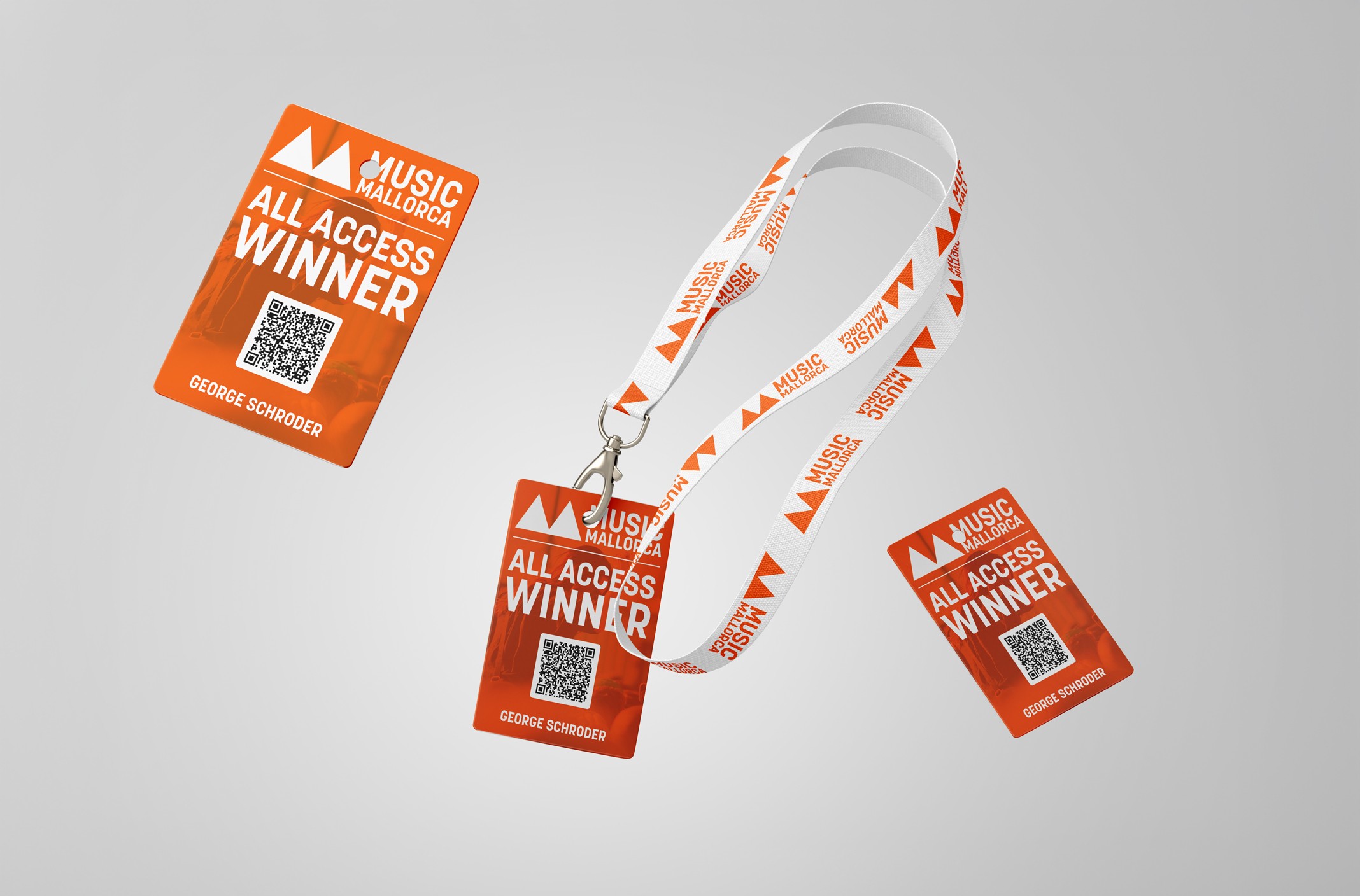 Tarjeta de identificación de evento para Music Mallorca en naranja con cordón blanco