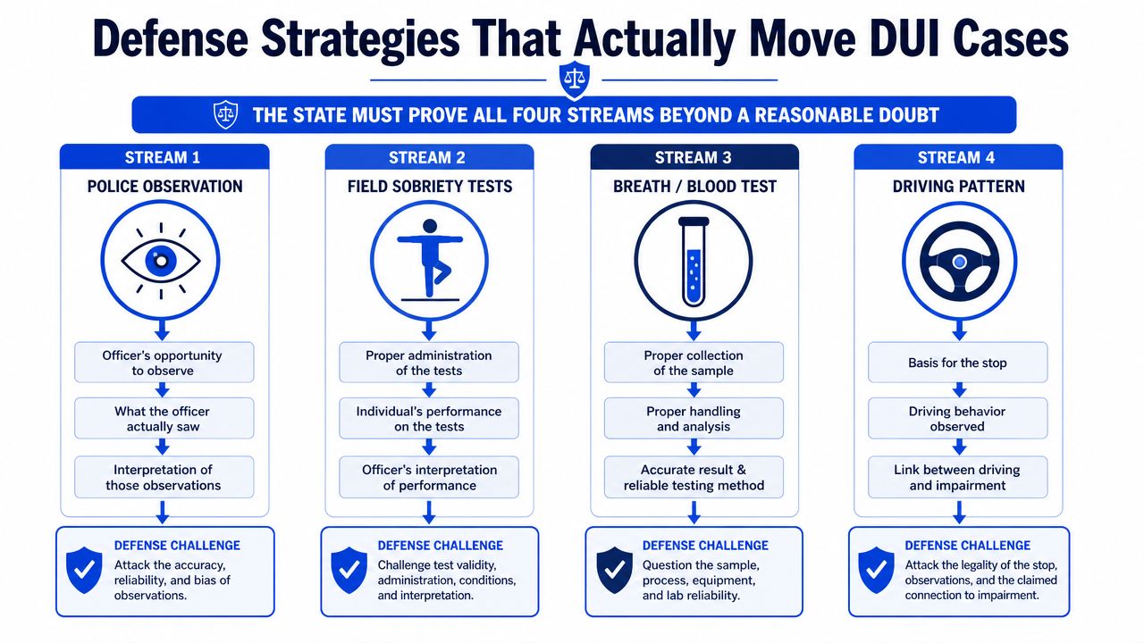 A flow chart outlining four key streams of defense strategies for challenging a DUI criminal case.
