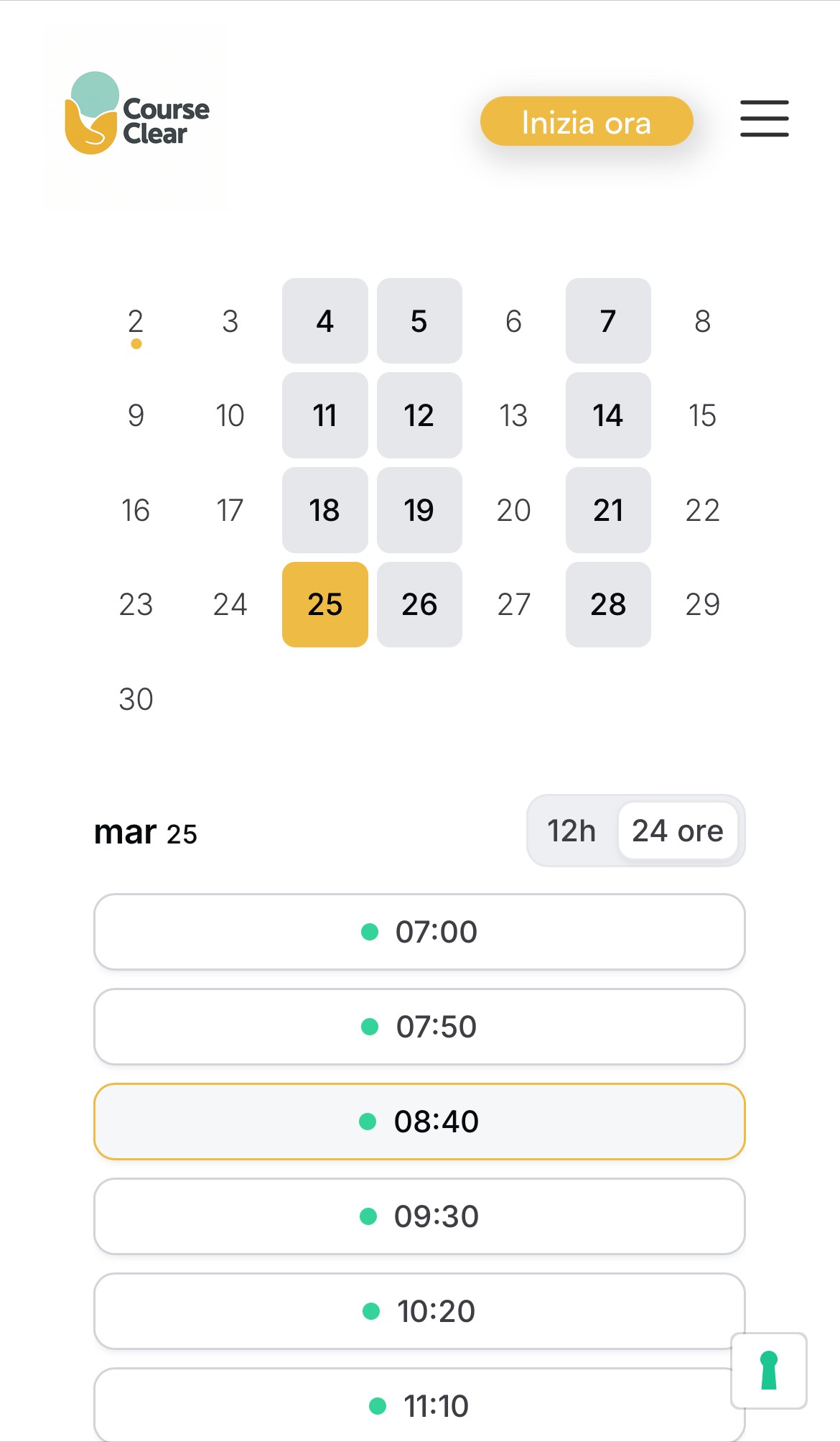 Calendario online di Course Clear con orari disponibili per prenotare la prima sessione di coaching o formazione personalizzata.