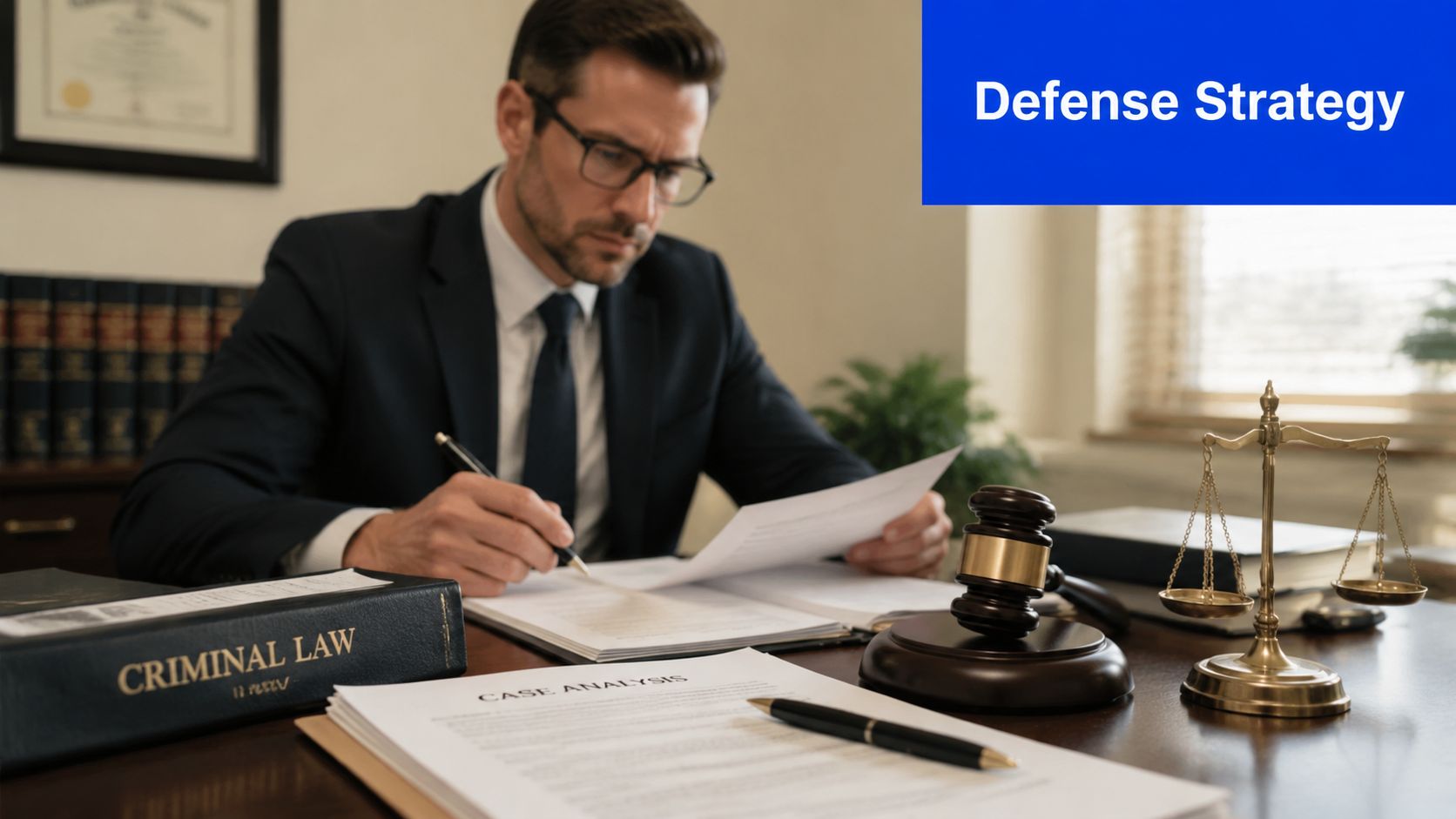 A professional lawyer wearing a suit and glasses works on a legal case analysis at his desk.