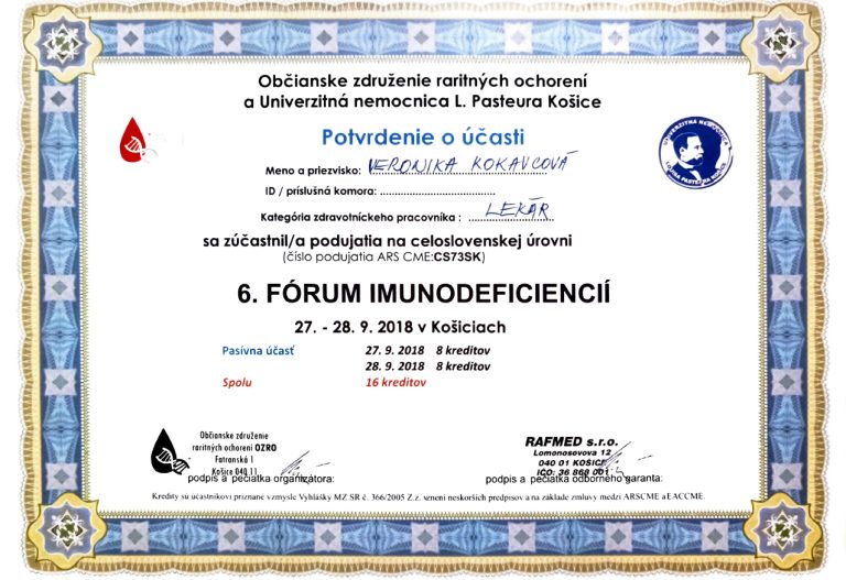Potvrdenie o účasti MUDr. Veroniky Hamráčkovej Kokavcovej na odbornom lekárskom podujatí Fórum imunodeficiencií v Košiciach