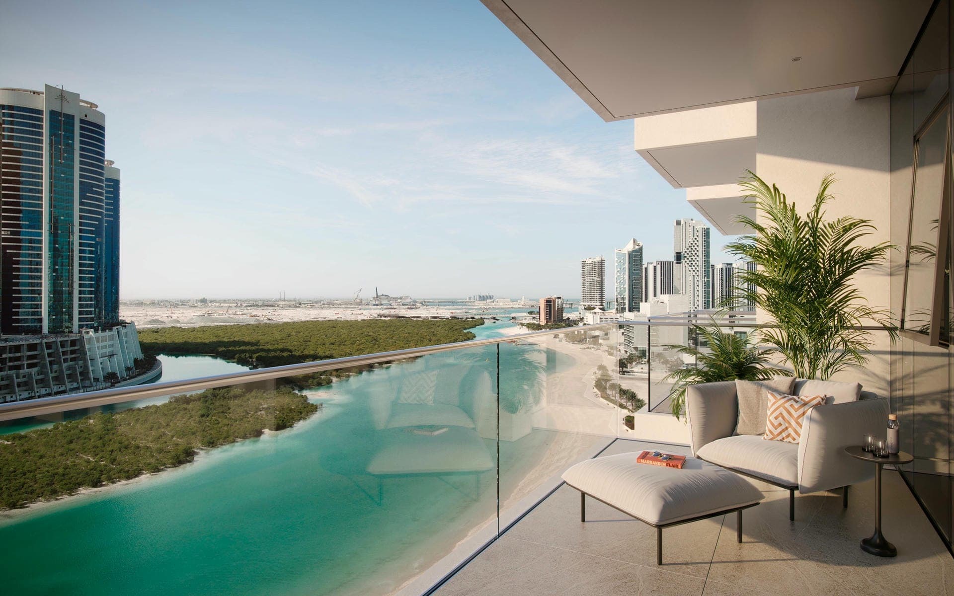 View from a luxury apartment balcony in Dubai, showcasing the skyline and Reem Eight's modern architecture.