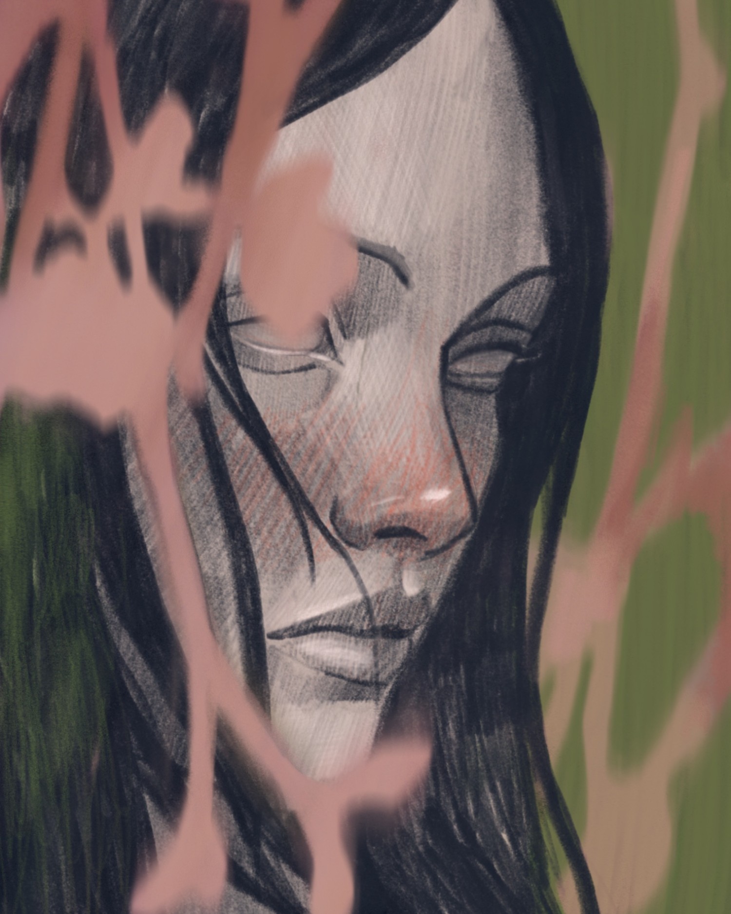 Woman with long dark hair and closed eyes, partly hidden behind pink branches, on green — "Illustration 02" by Katarzyna Księżopolska