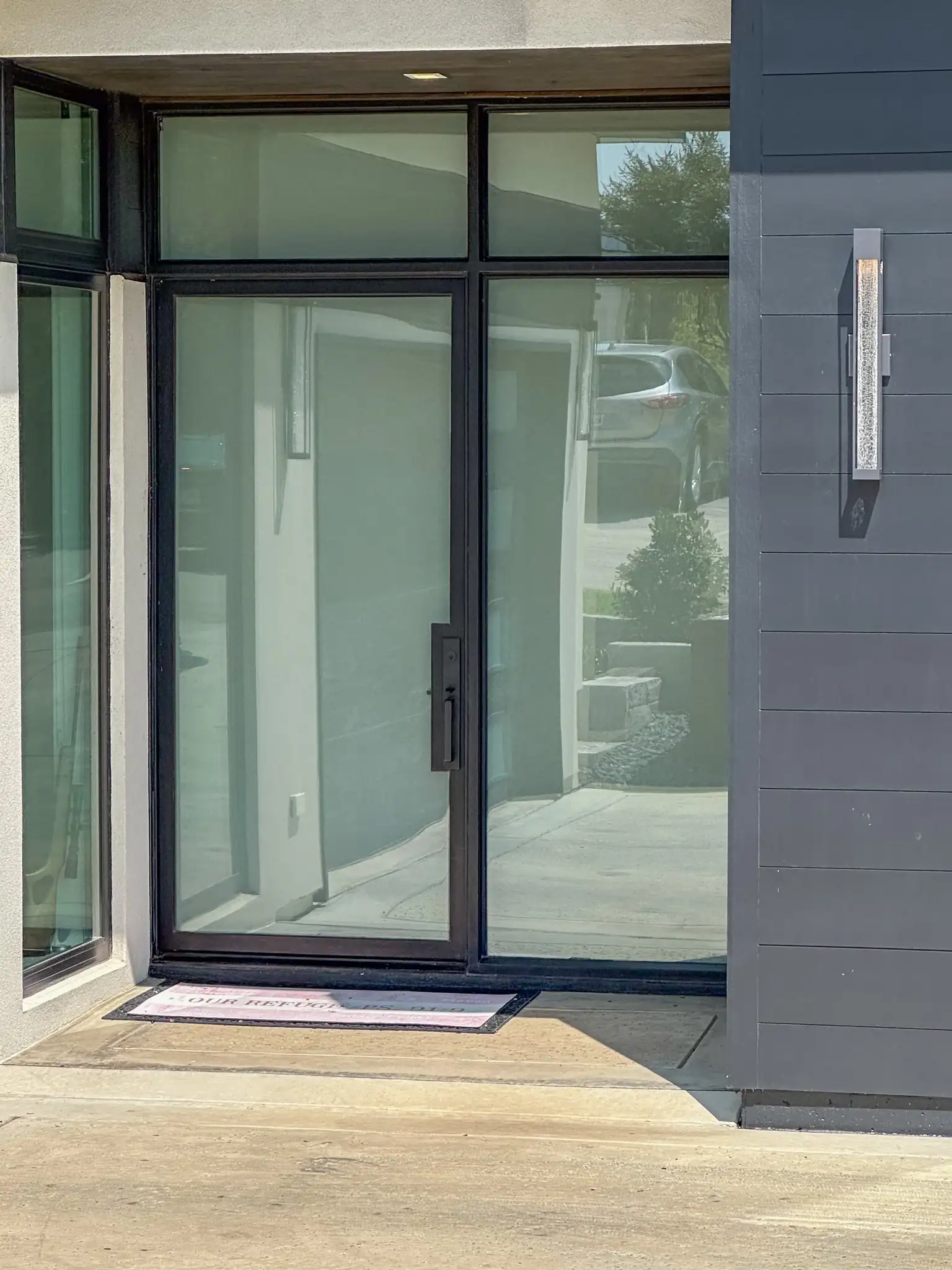 low profile iron door with satin glass with transom and side lite