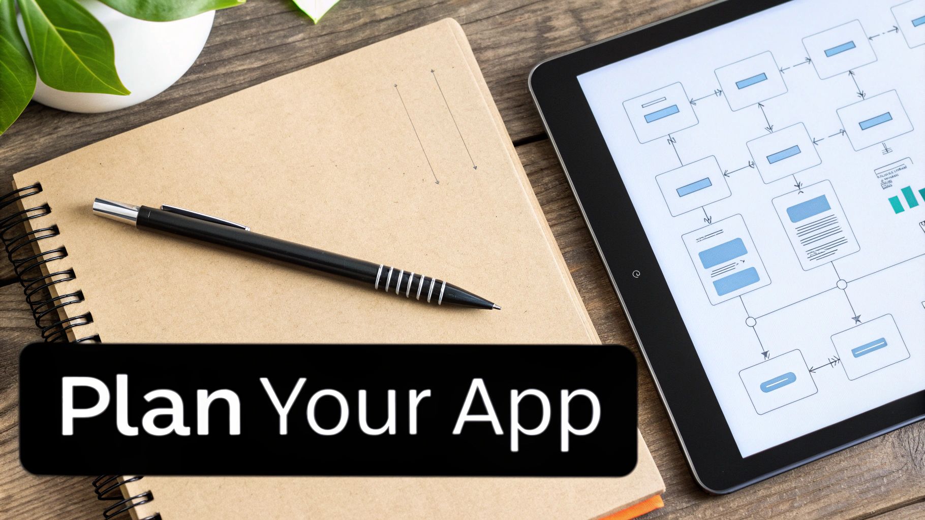 A desk with a notebook showing app wireframes, a tablet, and a cup of coffee.
