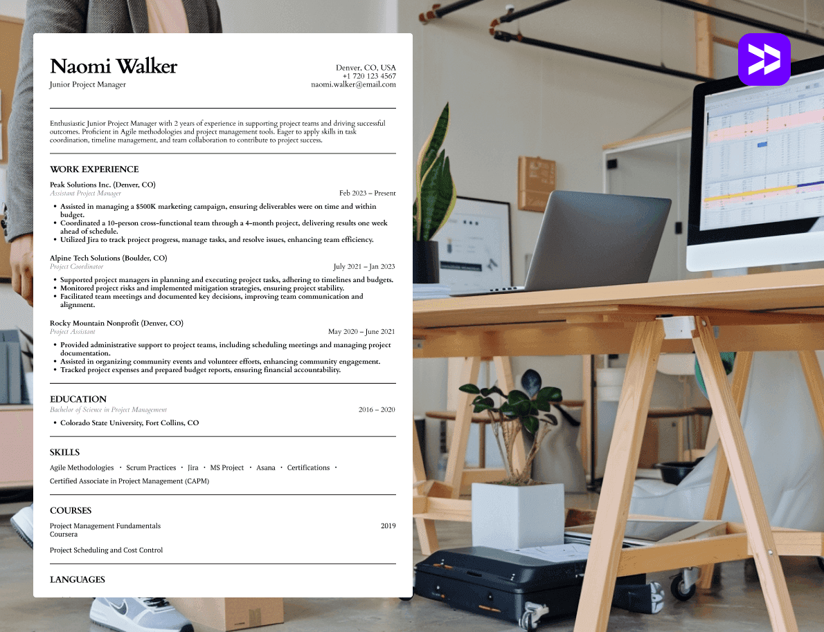 Project manager CV example in professional office setting