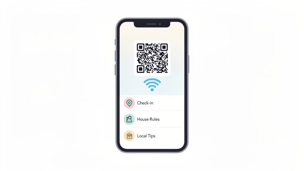 A smartphone screen showing a QR code for Wi-Fi, check-in, house rules, and local tips.