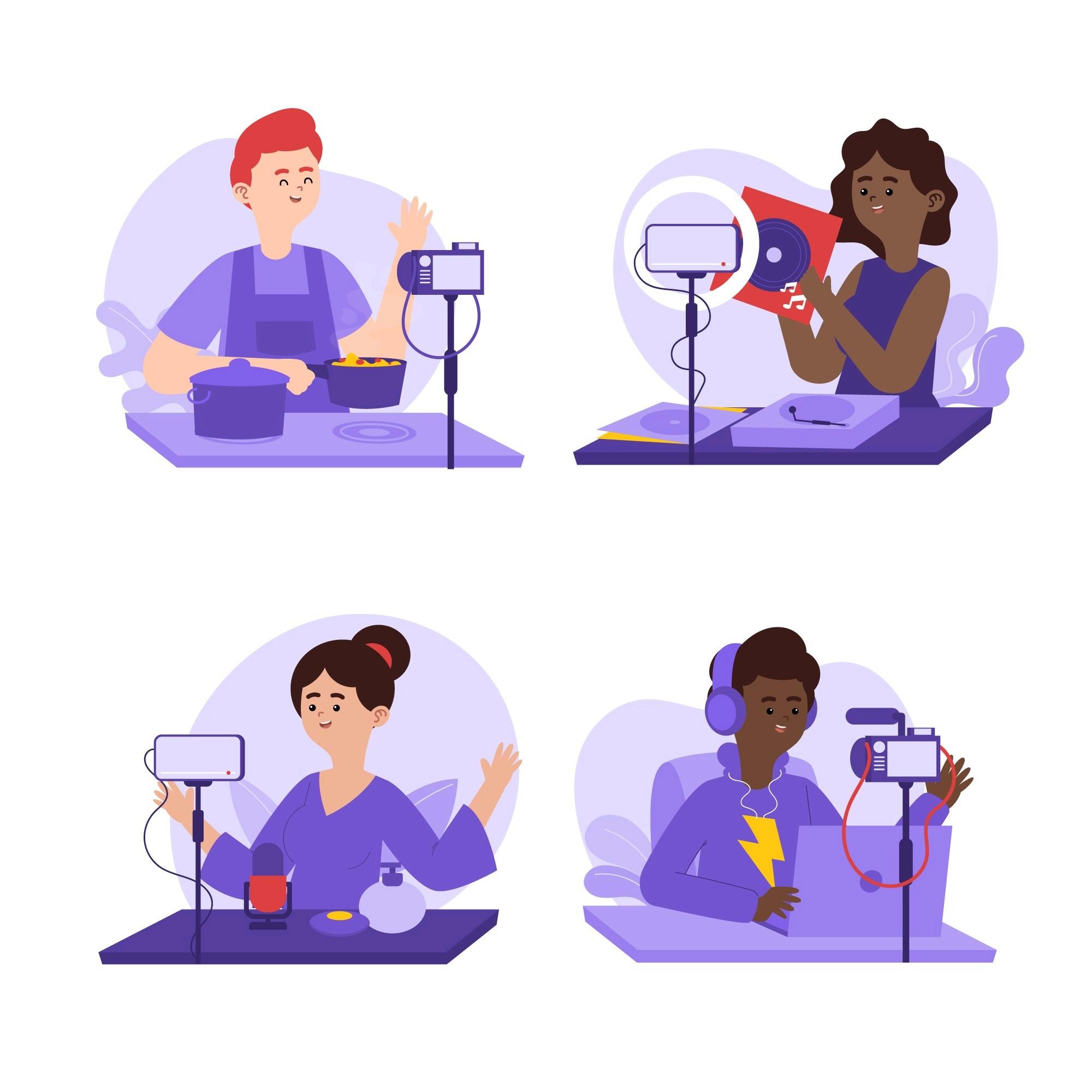 Four illustrated creators filming content across niches including cooking, music, beauty, and podcasting