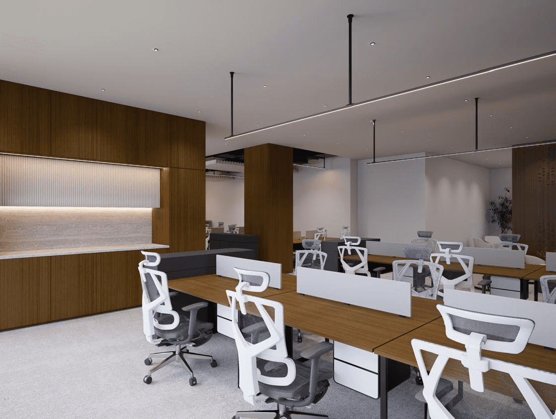 Virtual Office in Dubai with modern workstations, task chairs, wood detailing, and built-in kitchen amenities.