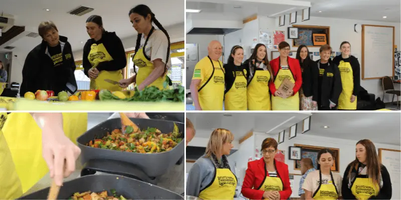 4 images showing a mix of people in yellow aprons taking part in the NEST cooking program.
