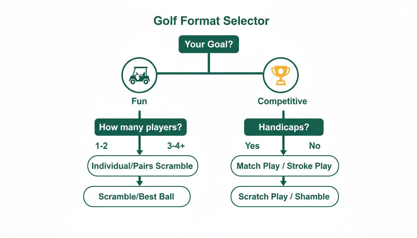 A golf format selector flowchart guides players based on fun or competitive goals.