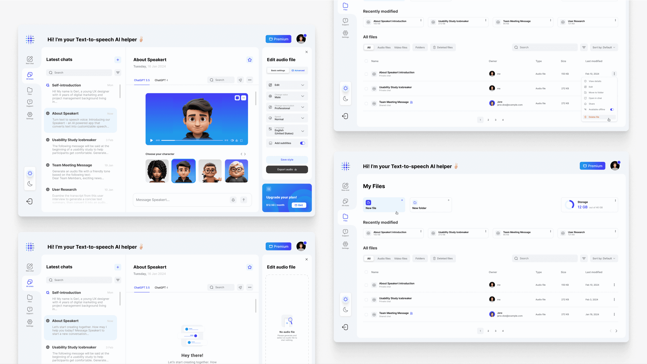 Desktop screens for Speakert AI app