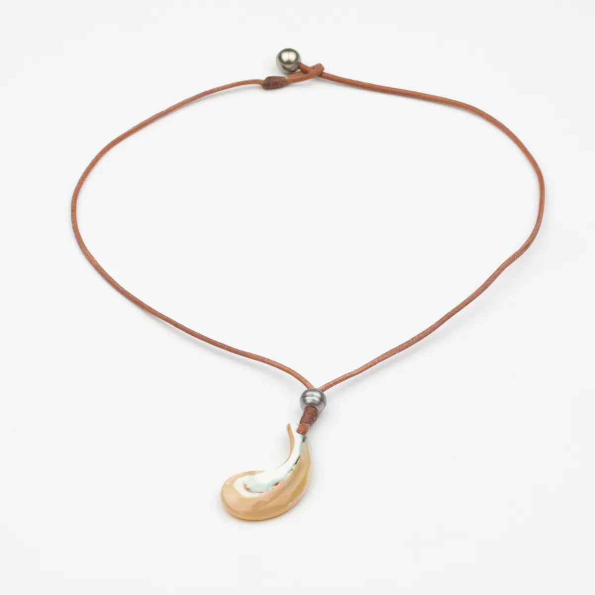 Seashell crescent pendant with Tahitian Pearls on natural tan leather cord necklace — Manos de Oro Saint Barth