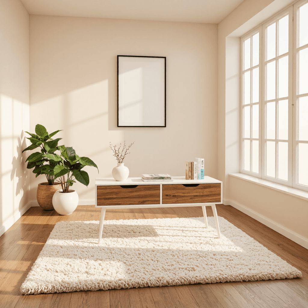 product photography of wooden and white shelf with two drawers