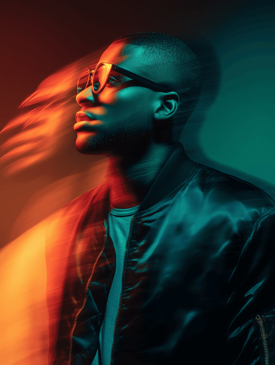 Futuristic portrait of a man wearing glasses, lit with teal and orange light streaks creating a motion blur effect against a dark background.