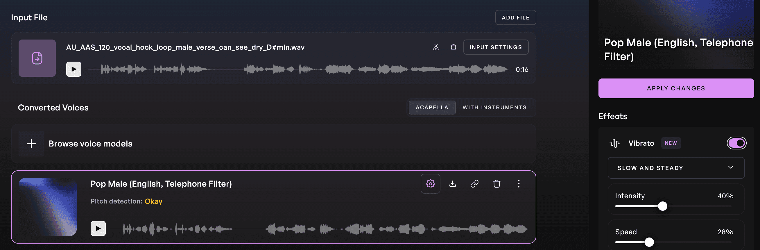 Kits AI voice generator page with the Female Rock/Pop voice selected
