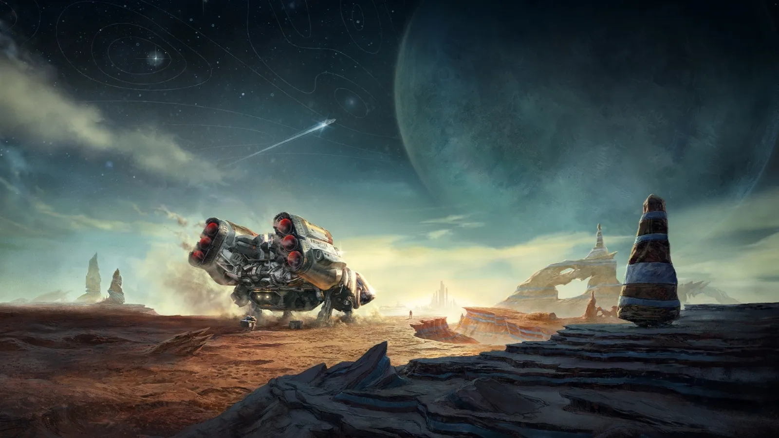 A futuristic spacecraft lands on a barren, rocky alien landscape under a swirling star-filled sky with a distant planet looming in the background.