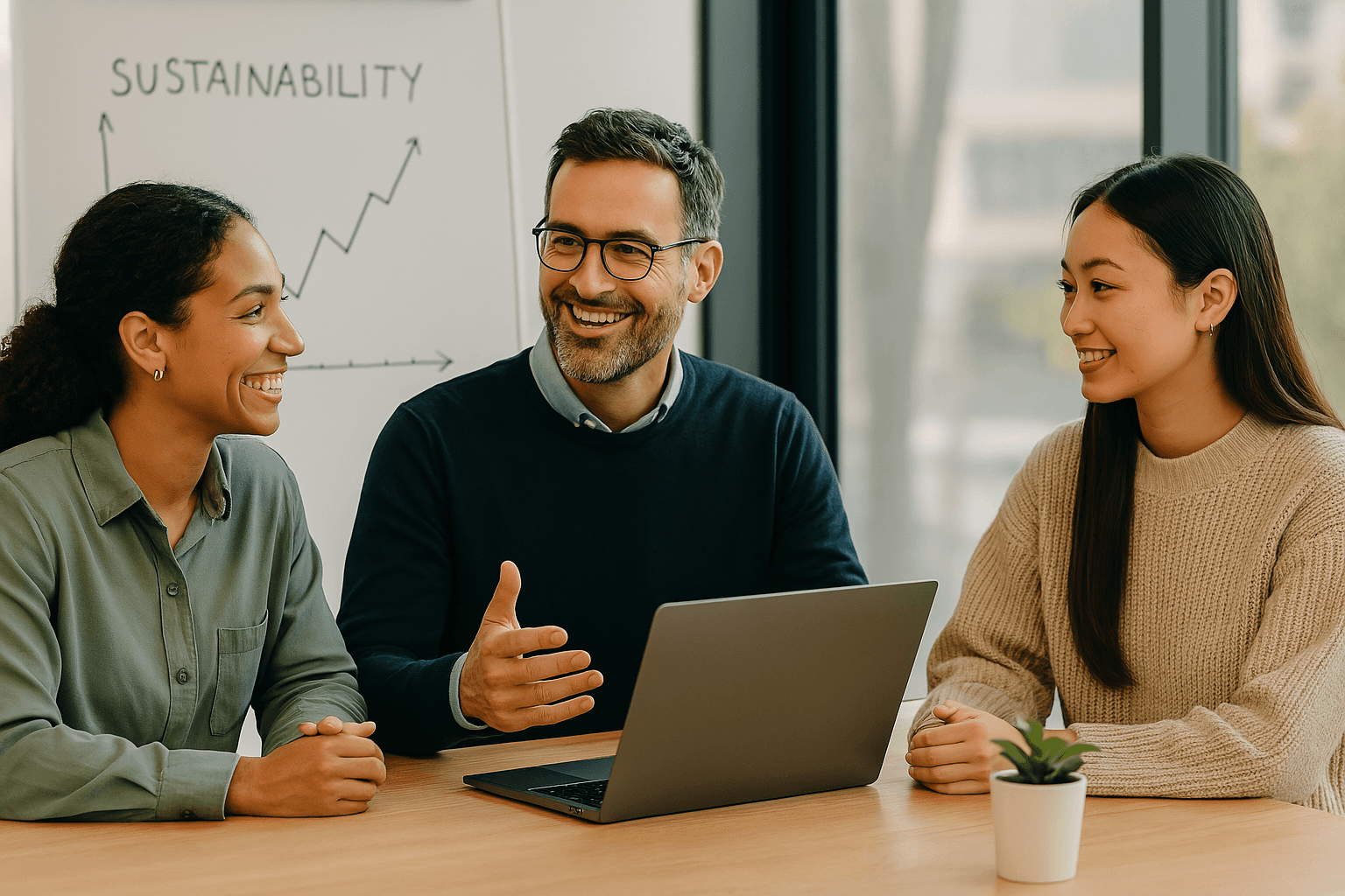 Team discussing sustainability at a modern office table