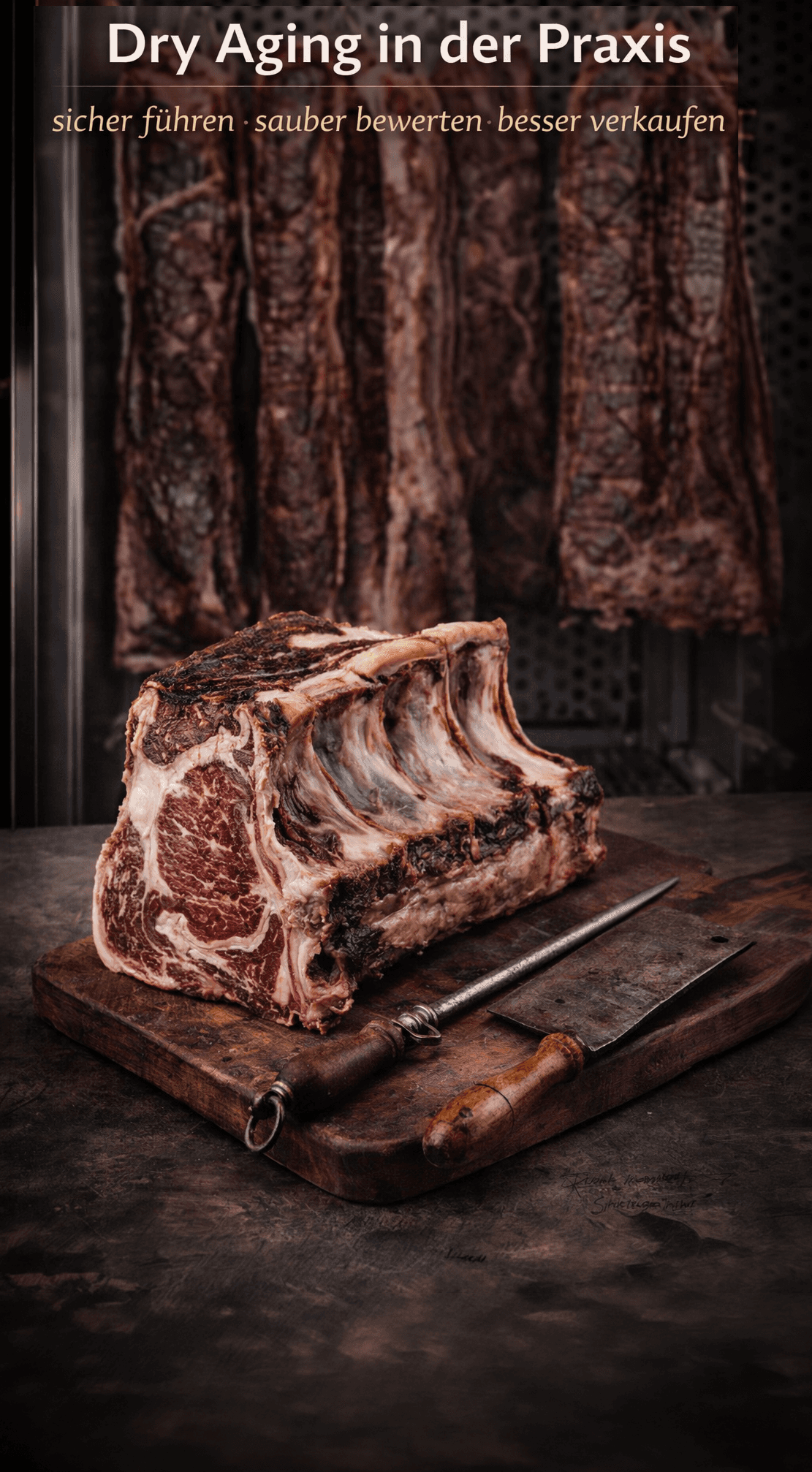 Gereiftes Rindfleisch vor einem Reifeschrank