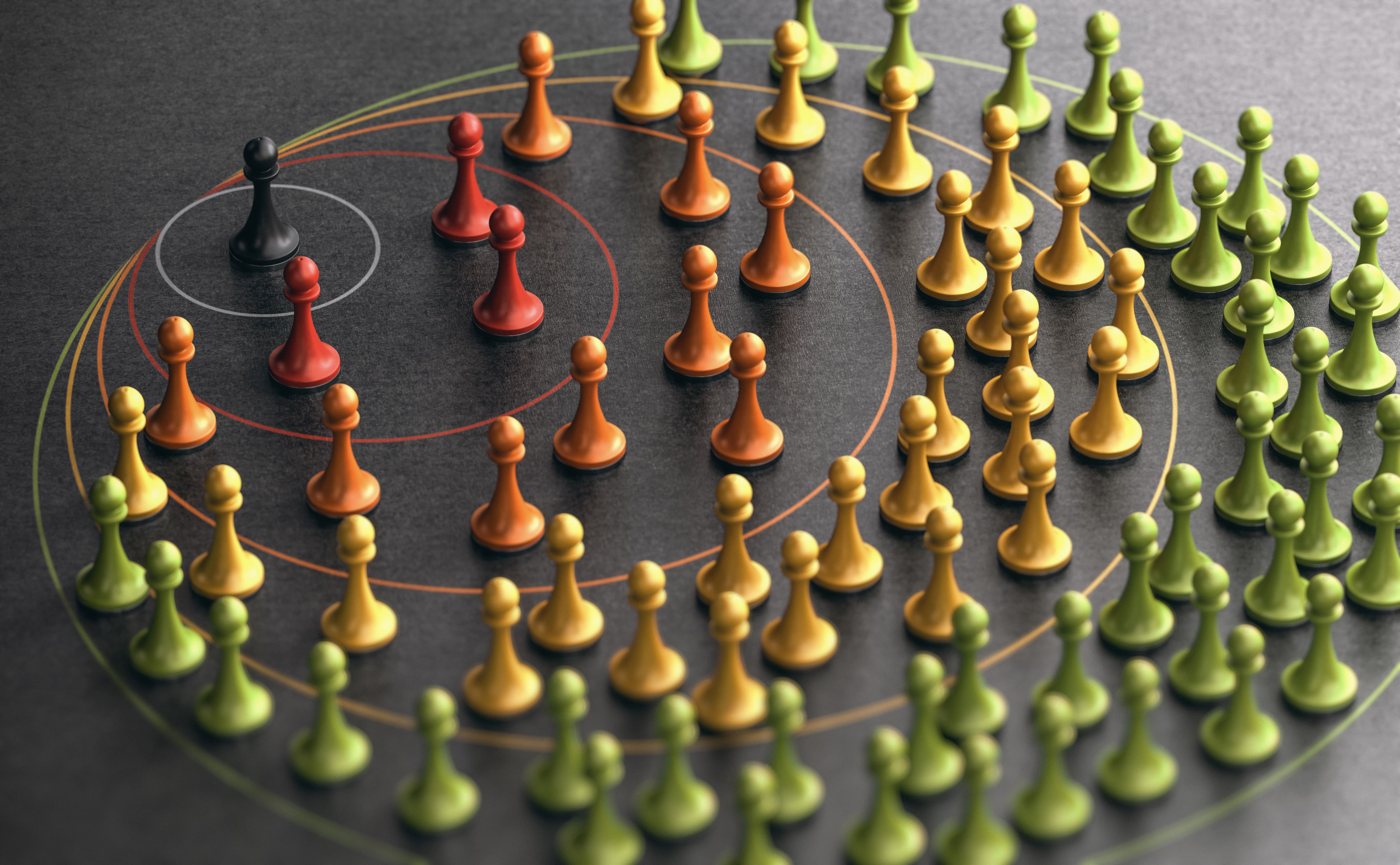 Conceptual image of influence and hierarchy using colorful pawns arranged in concentric circles, symbolizing spheres of influence or network dynamics