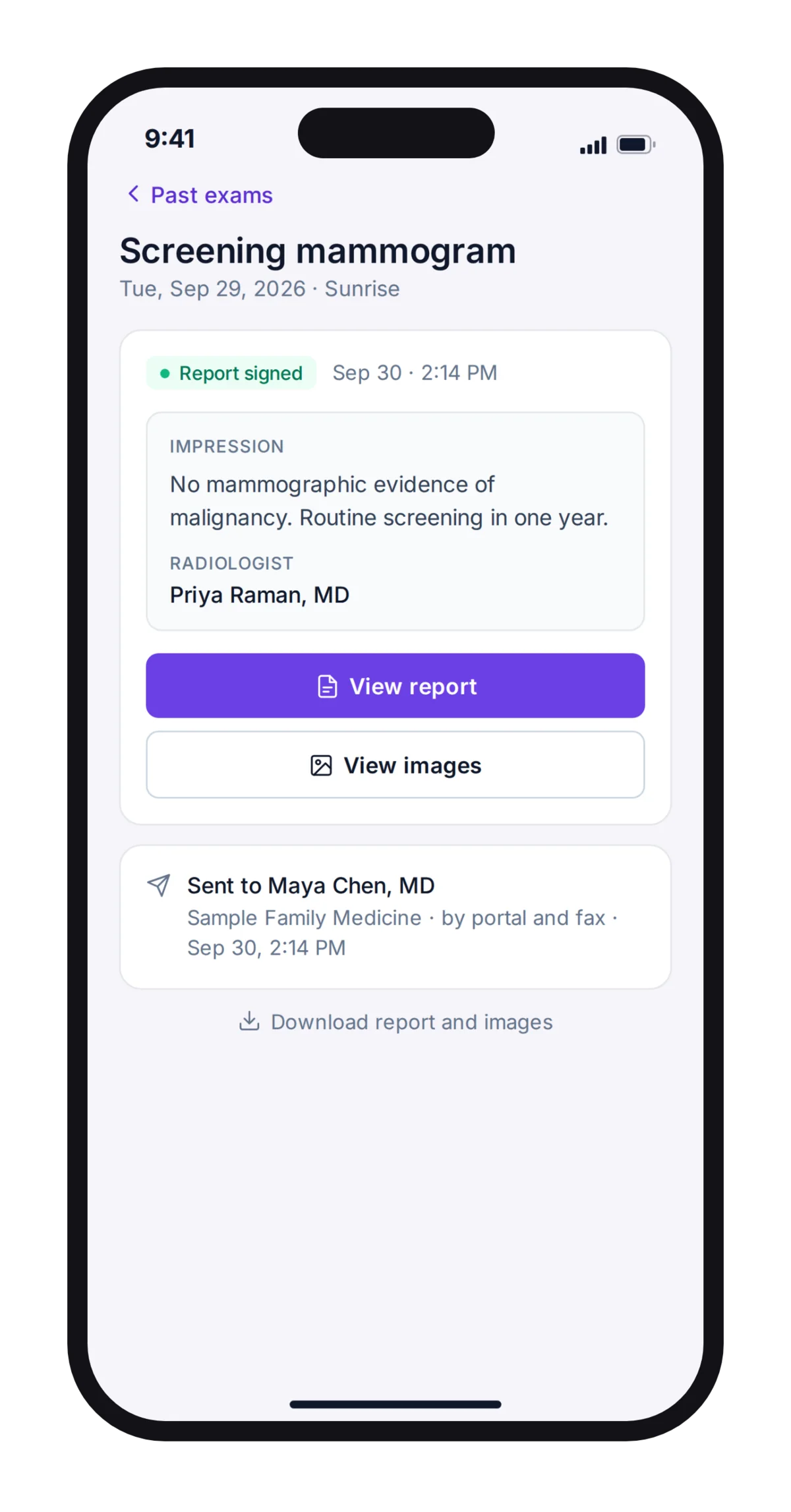 Gravity Visit on a phone: a screening mammogram with the signed report's impression, View report and View images, and the report sent to the referring physician