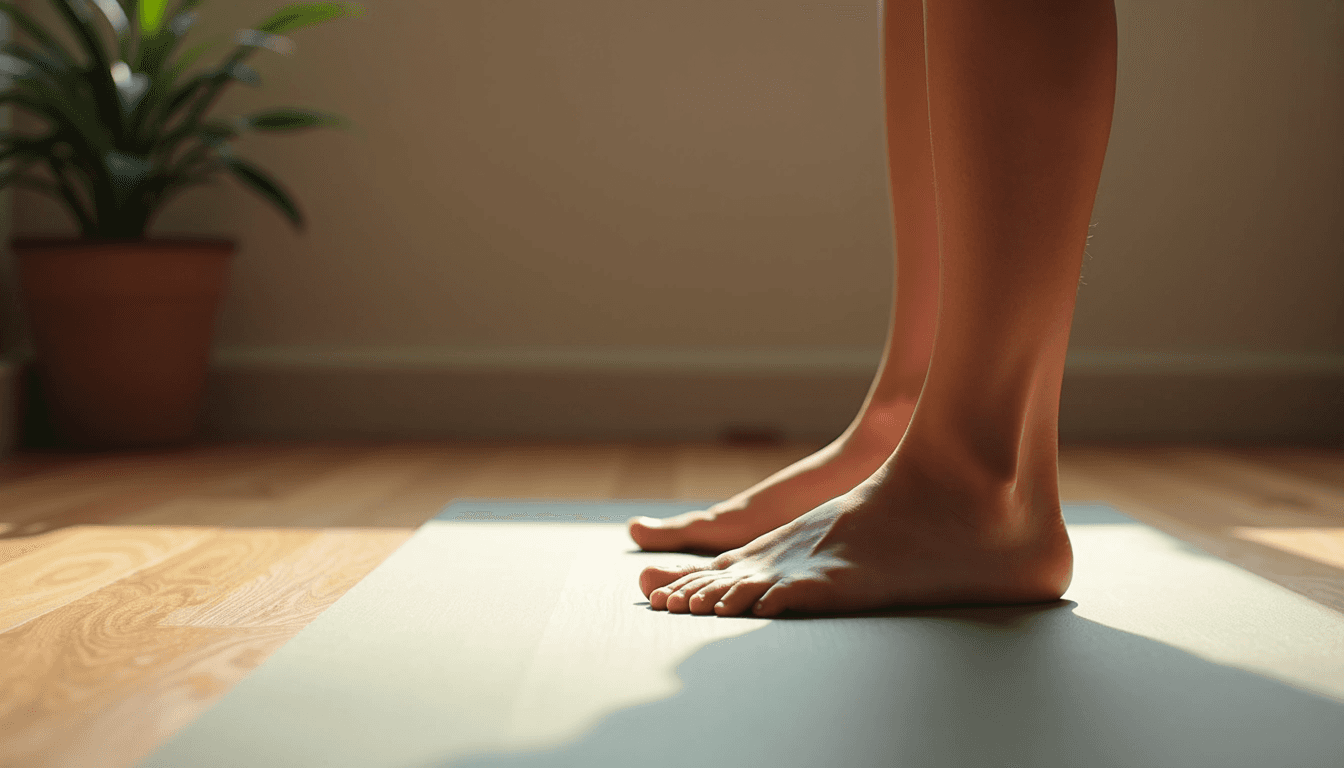 Eye-level view of a serene yoga studio with natural light and a single yoga mat laid out