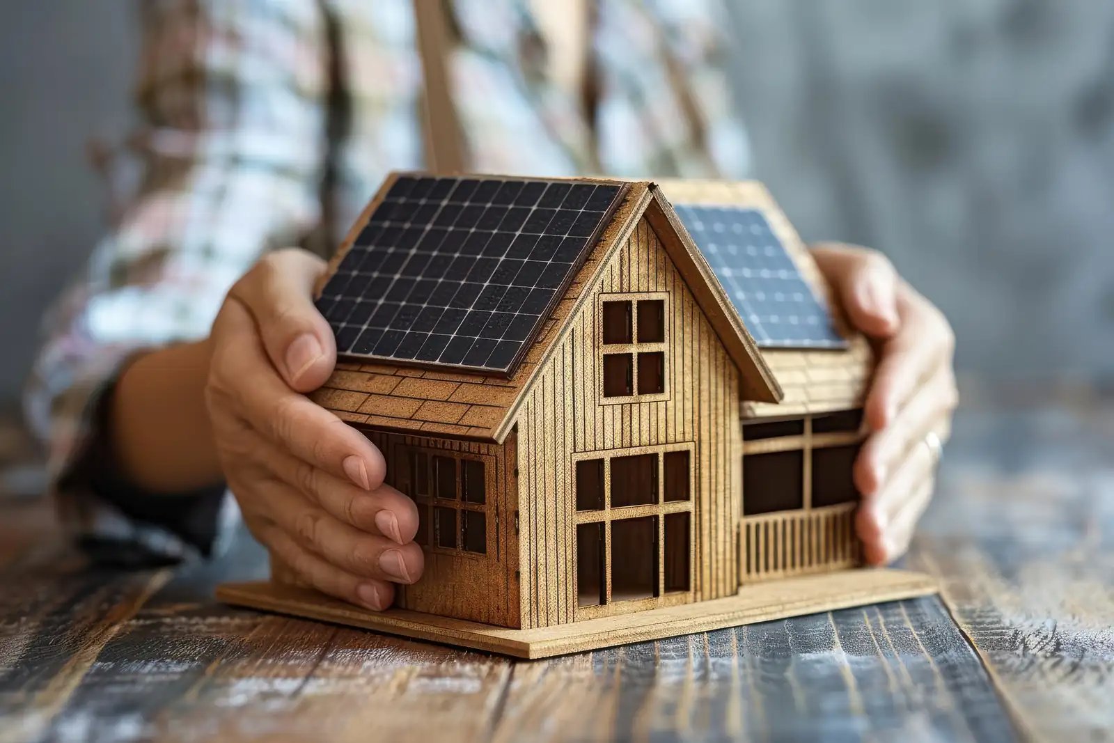 Modellino di casa con pannelli solari tenuto tra le mani su un tavolo in legno
