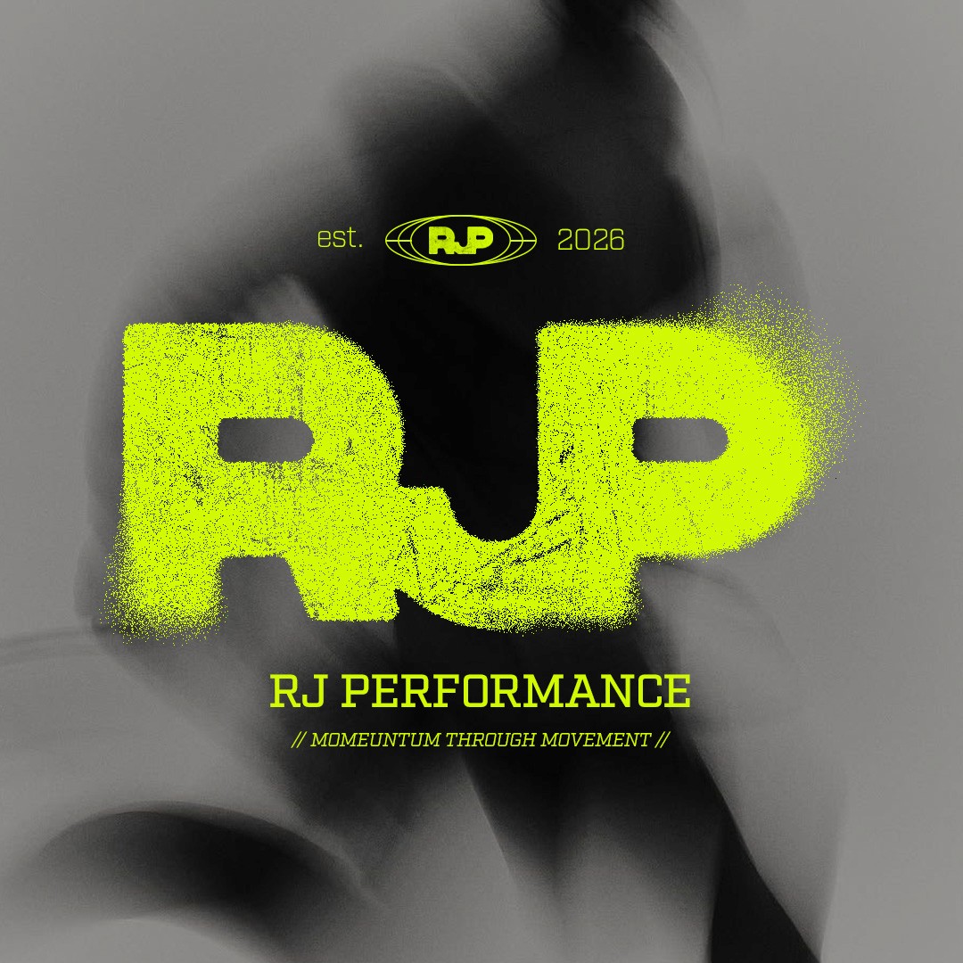 A logo lockup in neon green for a personal trainer brand, overlayed on a black and white image of a runner