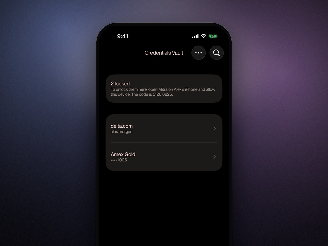 A new iPhone showing two locked vault items and the code to approve it from another device