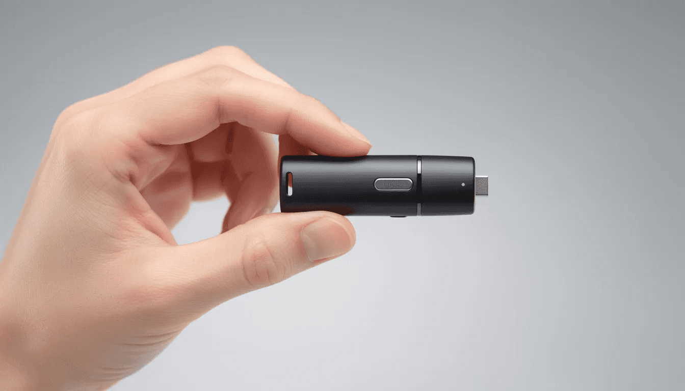 The image shows a person holding a small hardware device resembling a USB drive, which is commonly used as a crypto wallet to securely store digital assets and private keys for cryptocurrency transactions. This physical device plays a crucial role in the blockchain technology landscape, allowing users to validate transactions and manage their crypto assets safely.