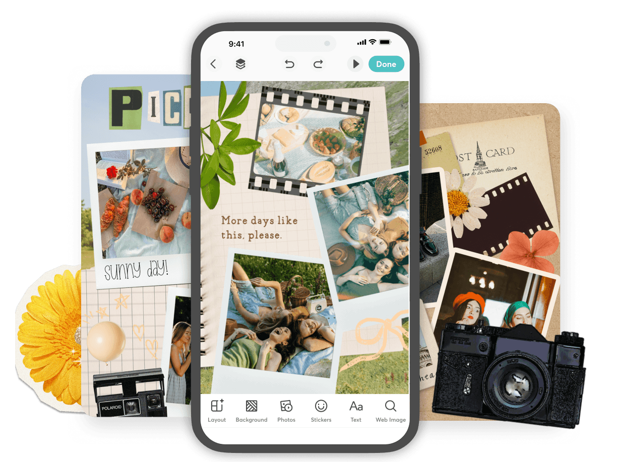 Phone showing a digital scrapbook layout with photo collage, decorative elements, and editing tools