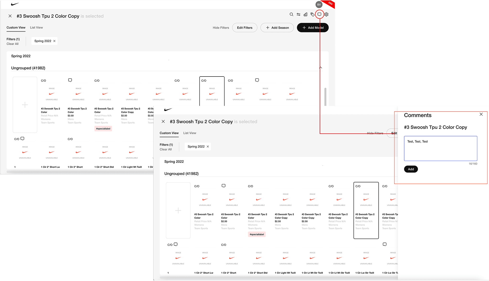 For the implementation, I leveraged existing components from Nike's EDS (Enterprise Design System) component library to design a comment box integrated into the PLP's product detail page, surfacing via a side modal that slides out from the right side of the screen — creating a non-disruptive, contextually accessible experience that aligned seamlessly with Nike's established design standards.