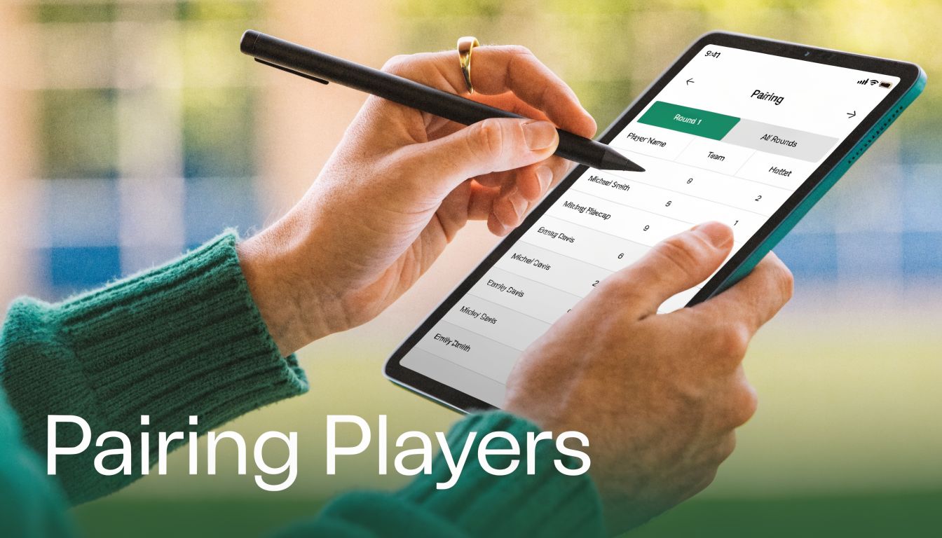 A person using a stylus on a tablet screen to manage tournament player pairings and scores.