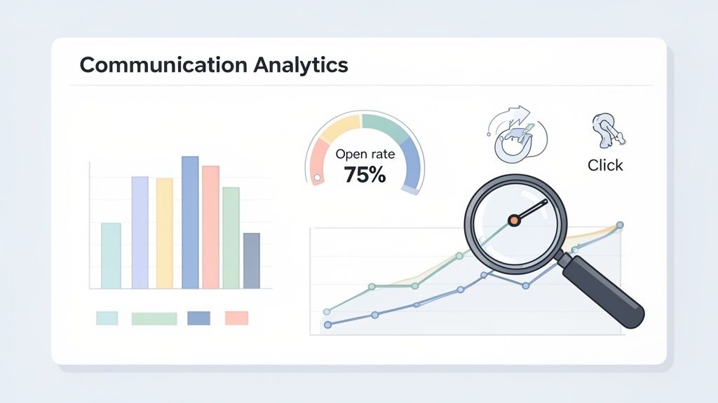 A digital dashboard displaying communication analytics, including a bar chart, 75% open rate gauge, and line graph.