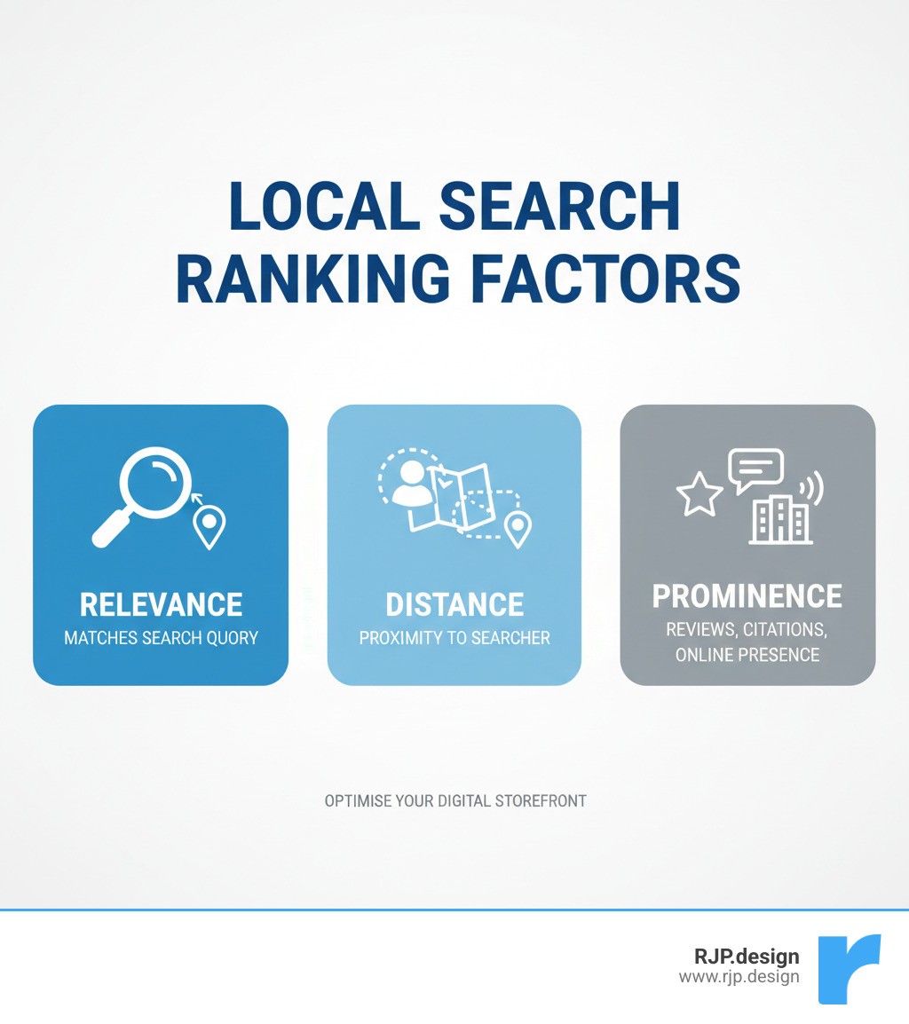 Infographic showing the three main local ranking factors: Relevance (how well your business matches the search query), Distance (proximity to the searcher), and Prominence (how well-known your business is based on reviews, citations, and online presence) - google business optimisation infographic 