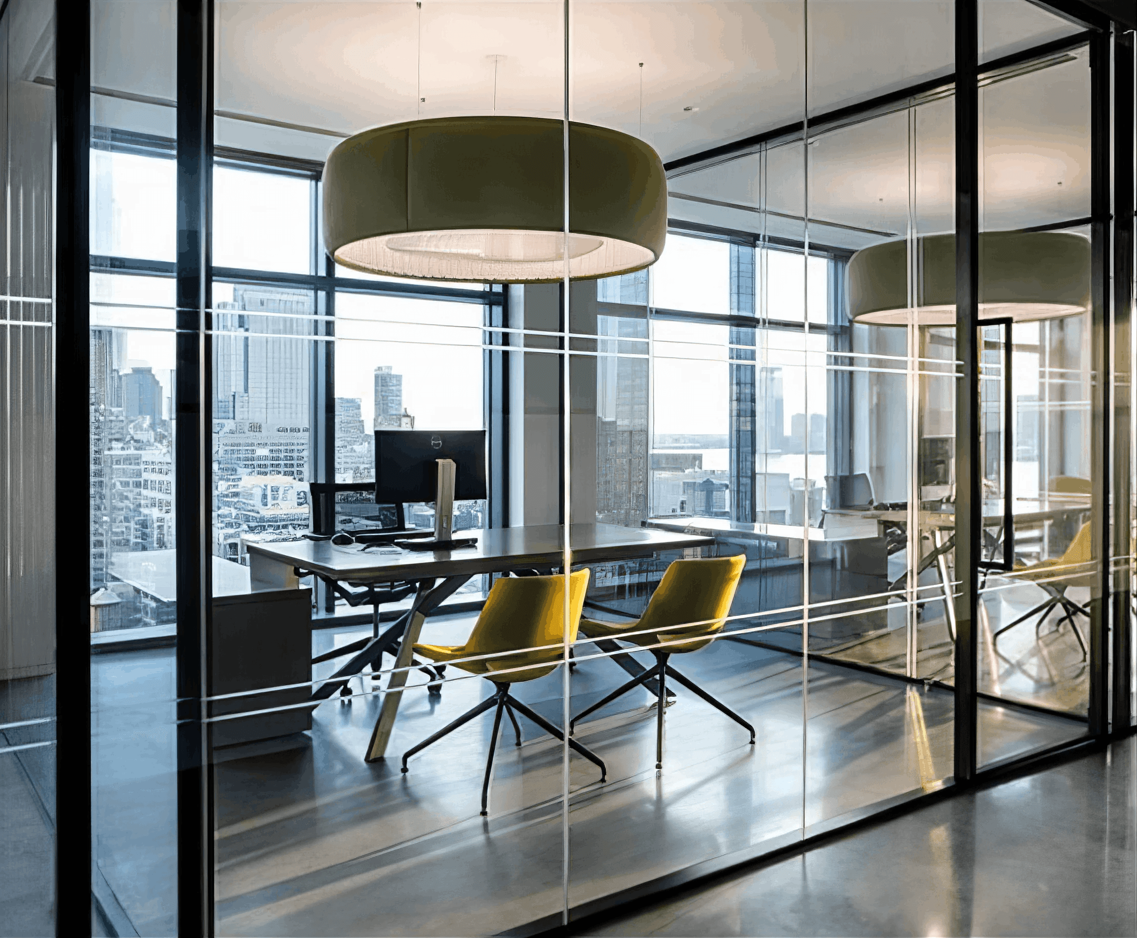 MW Interior - Modernes Einzelbüro hinter schwarzer Glastrennwand mit dunklem Schreibtisch, gelben Designstühlen und großer Stadtpanorama-Verglasung" Beschreibung: Repräsentatives Einzelbüro hinter raumhoher Stahl-Glas-Trennwand mit dunklem Designschreibtisch, zwei gelben Schalenstühlen und einem markanten olivgrünen Pendelleuchten-Akzent – Stadtpanorama und Innenraum als perfektes Duo.