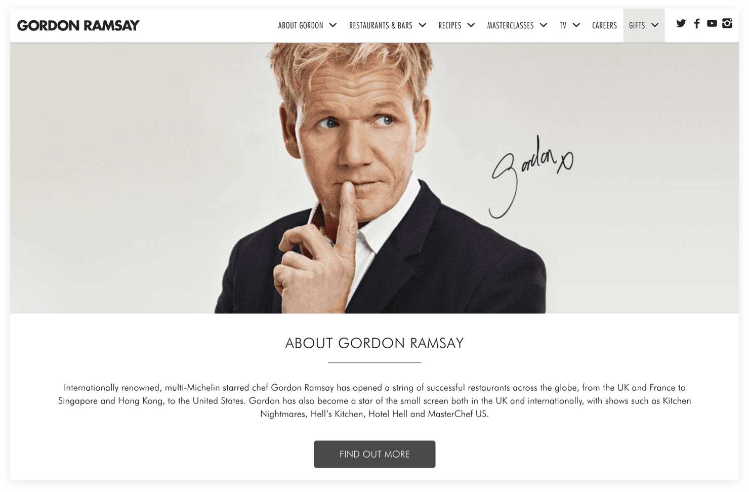 Gordon Ramsay website header before Jeff Shibasaki’s copy redesign
