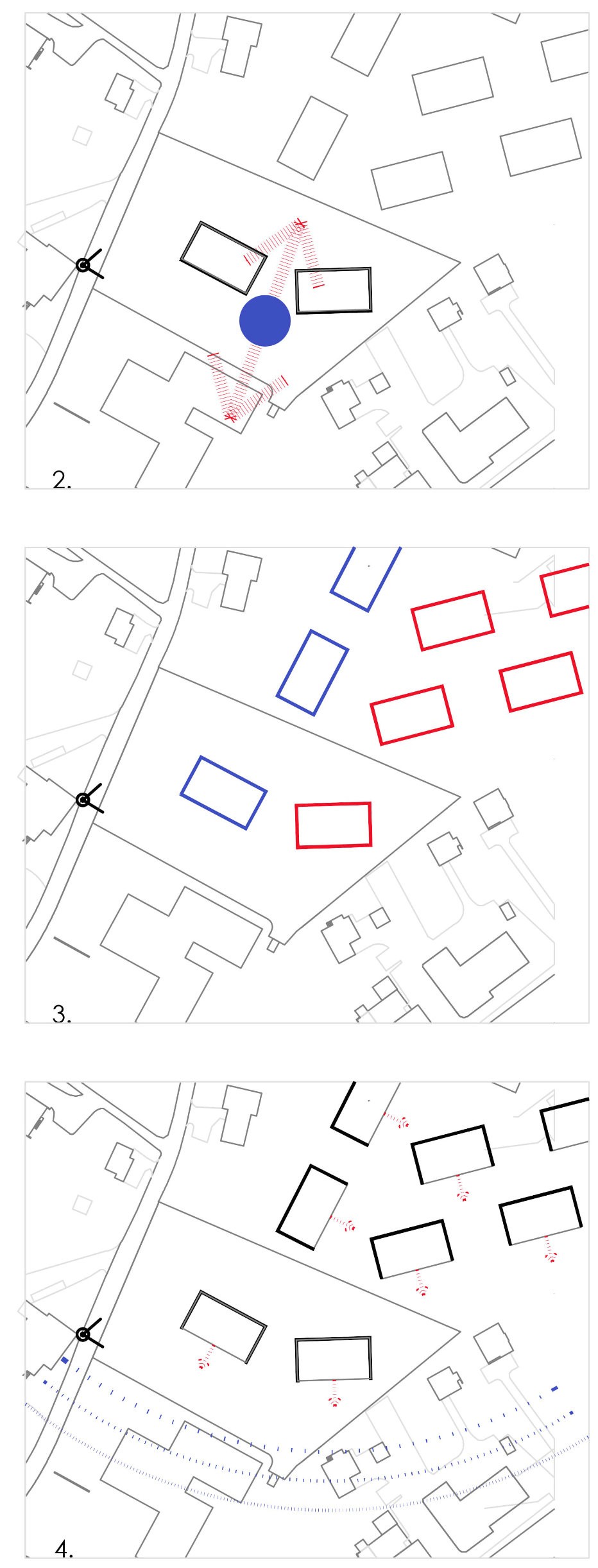 1. Cheminements   2. Création d'une liaison et d'un centre   3. Implantation du solde de la parcelle:  ·	d'une part en rapport avec la rue et le haut de la parcelle. ·	d'autre part parallèlement aux courbes de niveau ·	en quinconce pour vue et ensoleillement    4. Ouvertures vers la vue et l'orientation sud.