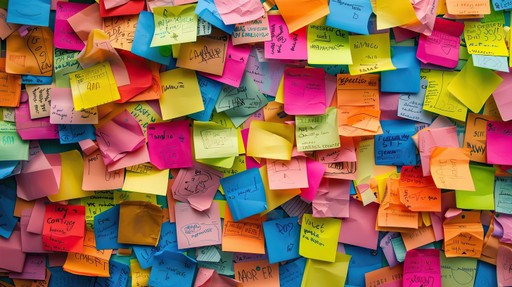 A vibrant array of colorful sticky notes arranged in a textured, overlapping pattern.