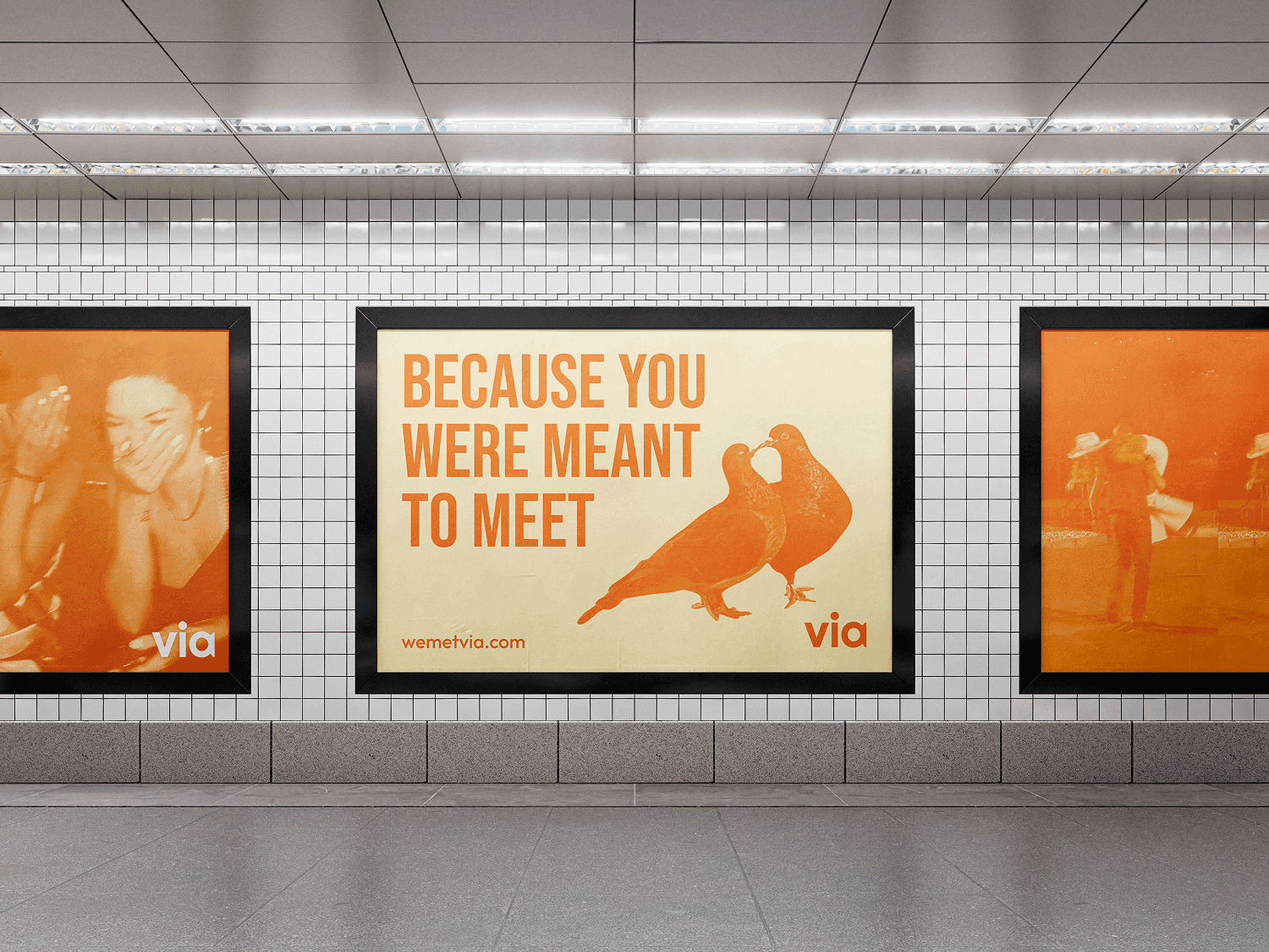Subway station viewed from the platform, showing three ads for via. The middle ad features kissing pigeons and says "because you were meant to meet"
