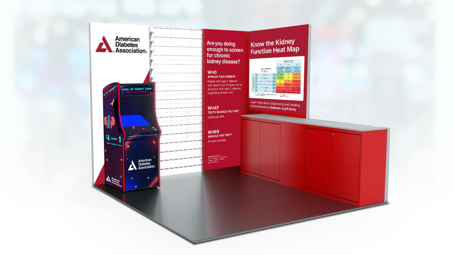 Rendered American Diabetes Association kidney care exhibit with a Level Up Kidney Care arcade game and kidney function heat map display.