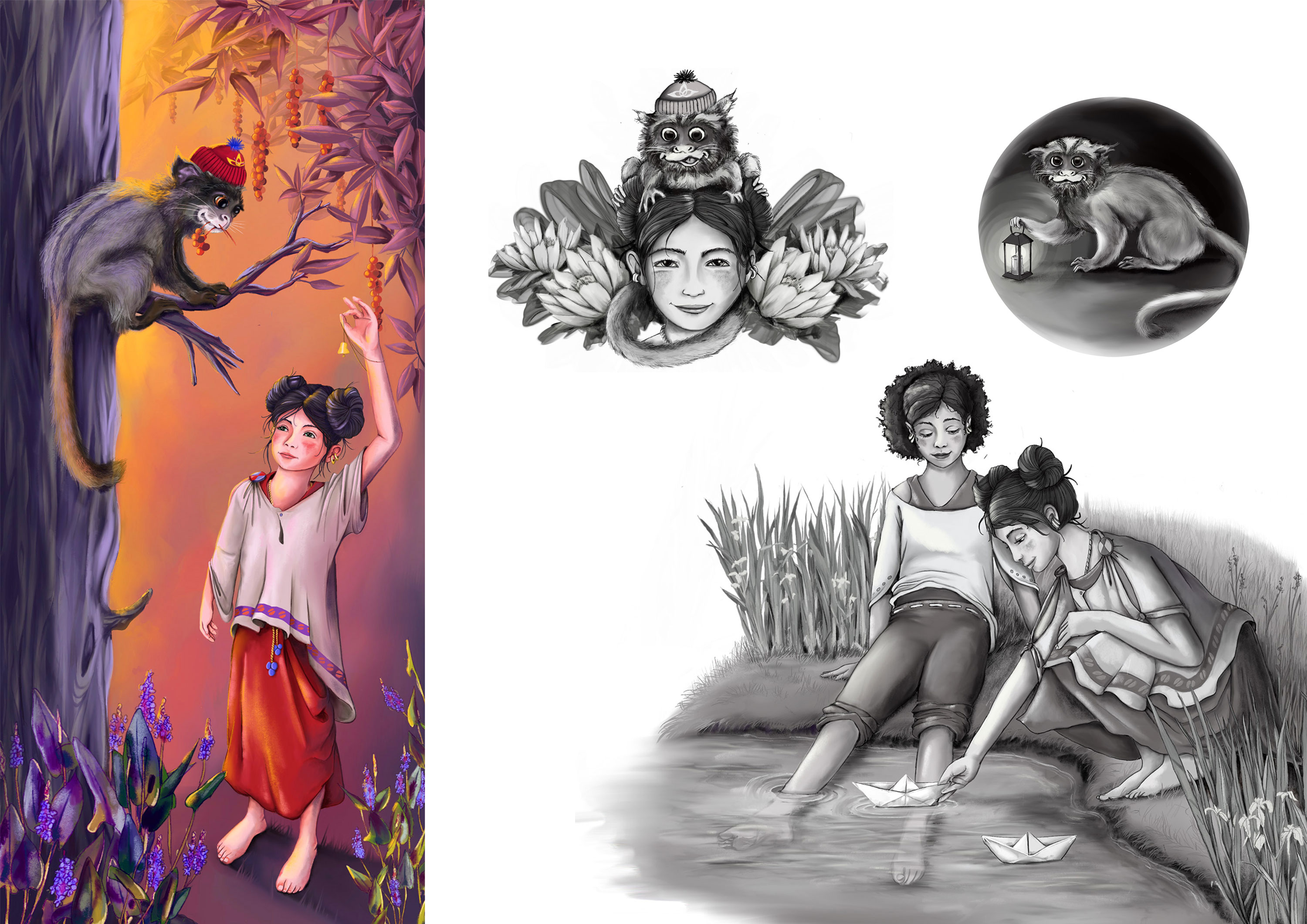 Ein Mädchen mit einem Affen in einem fantastischen rosa Wald