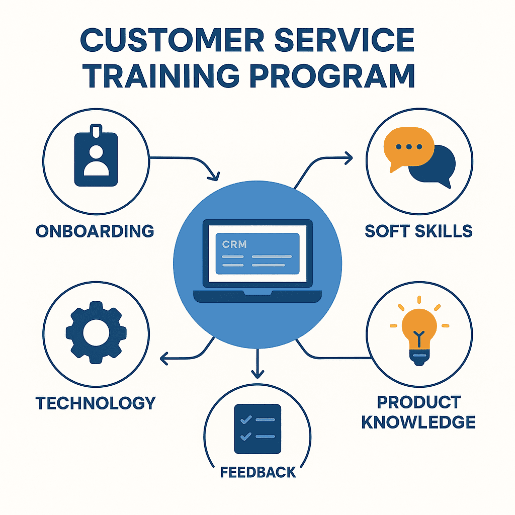 Infographic illustrating the core components of a customer service training program, including onboarding, soft skills, product knowledge, technology, and feedback.