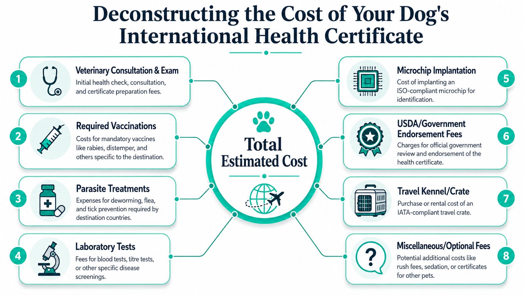 An infographic titled Deconstructing the Cost of Your Dog's International Health Certificate with eight numbered cost categories.